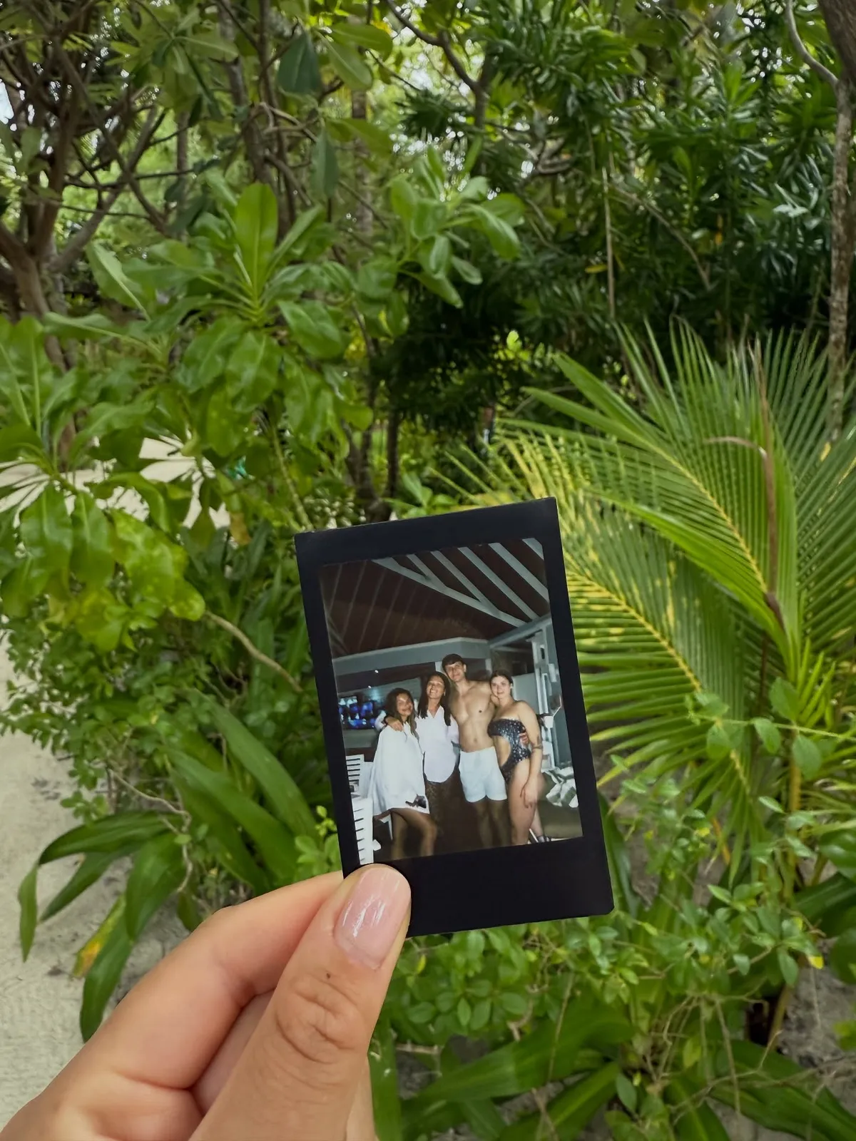 Polaroid skupiny 3 v ruce mezi palmami